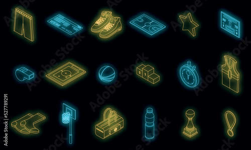 Basketball equipment icons set. Isometric set of basketball equipment vector icons neon color on black
