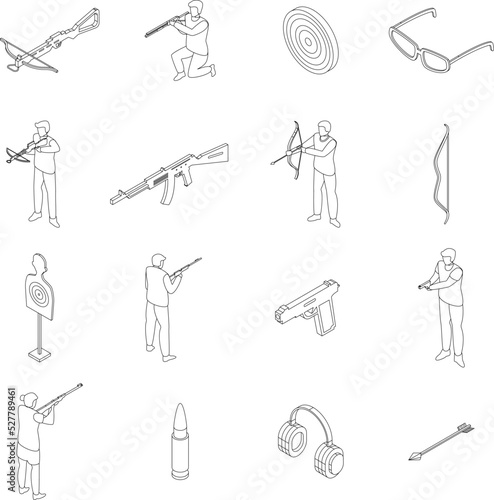 Shooting sport icons set. Isometric set of shooting sport vector icons outline thin lne isolated on white