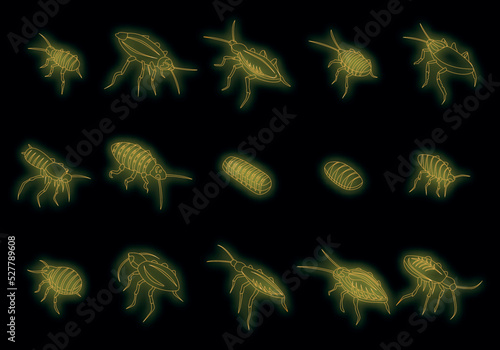 Cockroach icons set. Isometric set of cockroach vector icons neon color on black