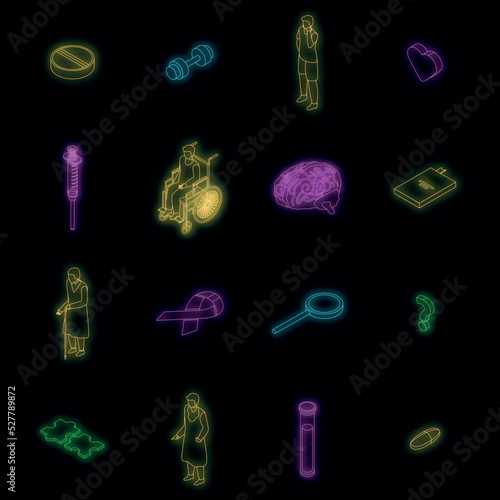 Alzheimers disease icons set. Isometric set of alzheimers disease vector icons neon color on black
