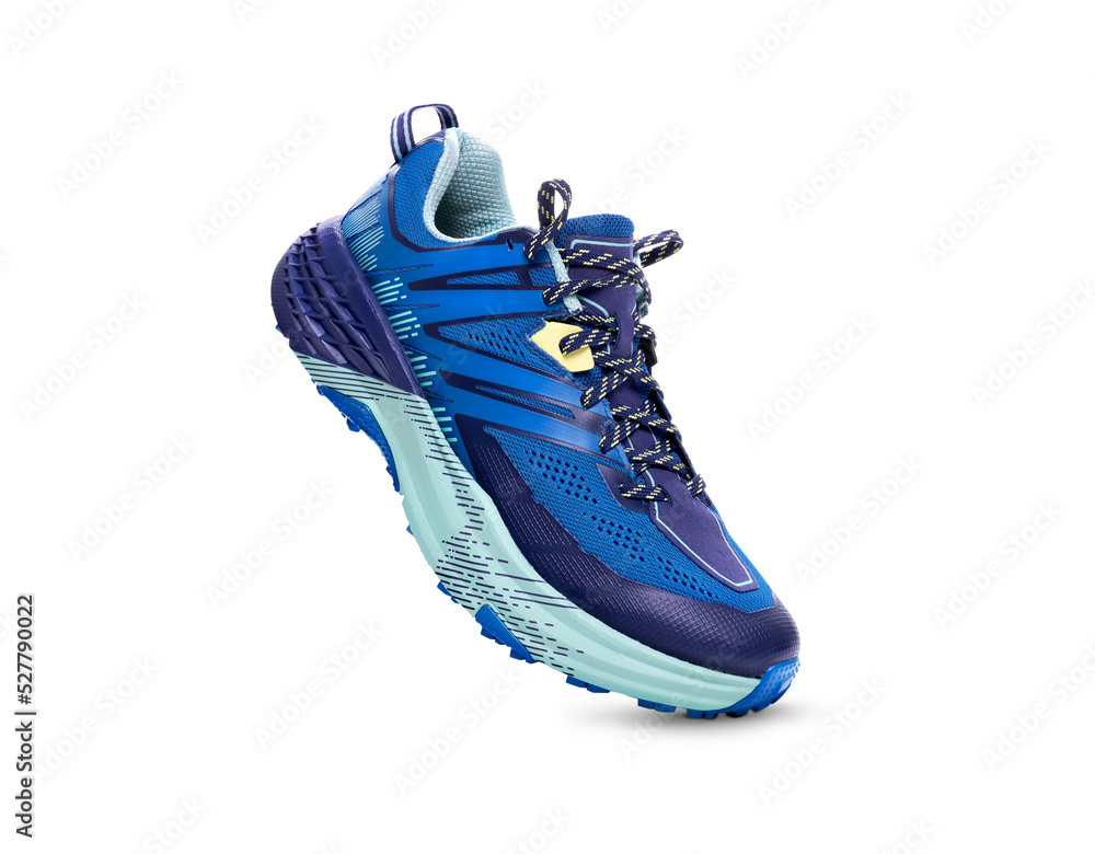 A front view of blue trainers, sneakers Isolated on a flat background.