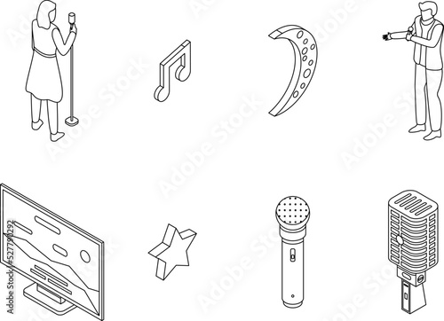 Karaoke icons set. Isometric set of karaoke vector icons outline thin lne isolated on white