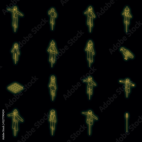 Scarecrow icons set. Isometric set of scarecrow vector icons neon color on black