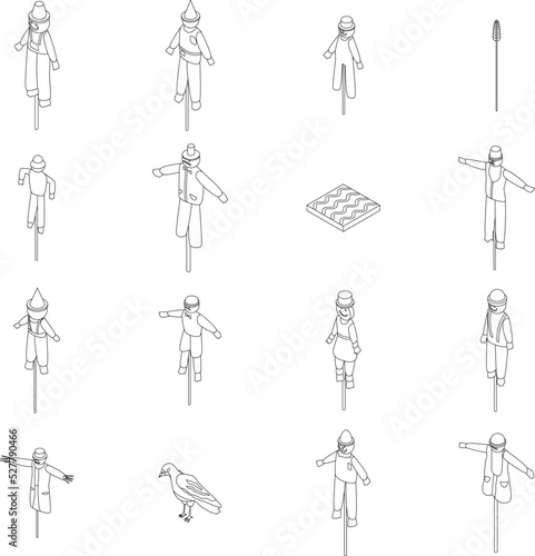 Scarecrow icons set. Isometric set of scarecrow vector icons outline thin lne isolated on white