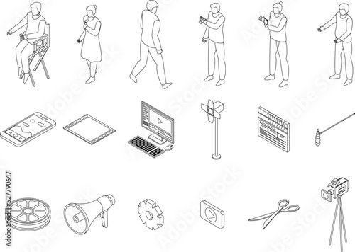 Clip maker icons set. Isometric set of clip maker vector icons outline thin lne isolated on white