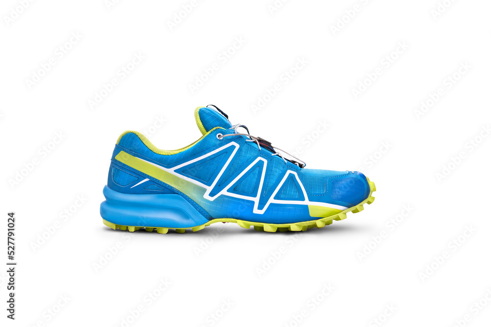 A side view of blue and yellow trainers, sneakers Isolated on a flat background.