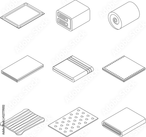 Blanket icons set. Isometric set of blanket vector icons outline thin lne isolated on white