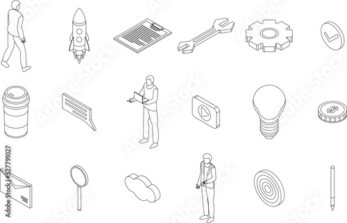 Product manager icons set. Isometric set of product manager vector icons outline thin lne isolated on white