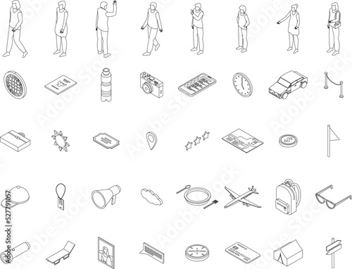 Excursion icons set. Isometric set of excursion vector icons outline thin lne isolated on white