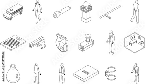 Prison icons set. Isometric set of prison vector icons outline thin lne isolated on white