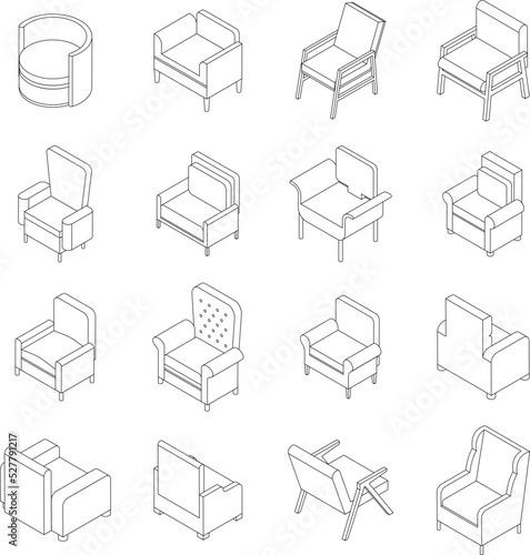 Armchair icons set. Isometric set of armchair vector icons outline thin lne isolated on white
