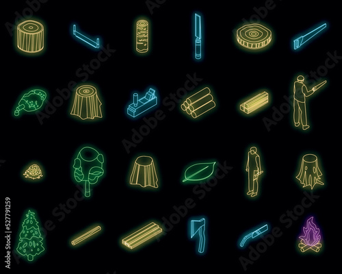 Deforestation icons set. Isometric set of deforestation vector icons neon color on black
