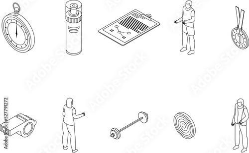 Coach icons set. Isometric set of coach vector icons outline thin lne isolated on white