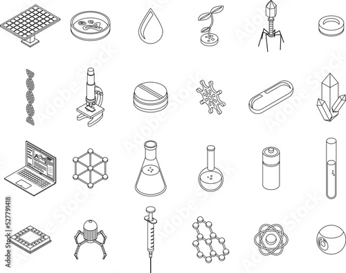 Nanotechnology icons set. Isometric set of nanotechnology vector icons outline thin lne isolated on white