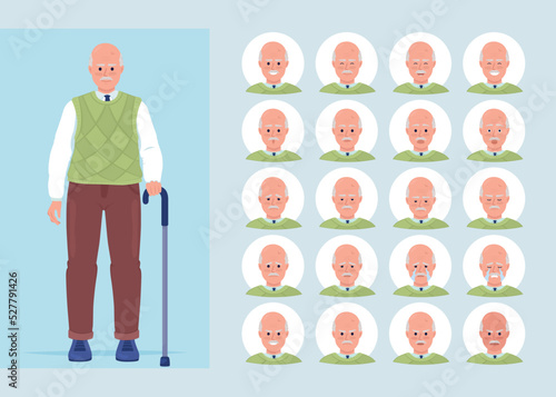 Different mental states of senior man semi flat color character emotions set. Editable facial expressions. Lifestyle vector style illustration for motion graphic design and animation