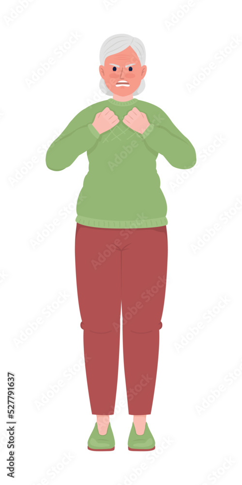 Angry old woman with red face semi flat color vector character. Editable figure. Full body person on white. Fury simple cartoon style illustration for web graphic design and animation Angry old woman with red face semi flat color vector character. Editable figure. Full body person on white. Fury simple cartoon style illustration for web graphic design and animation
