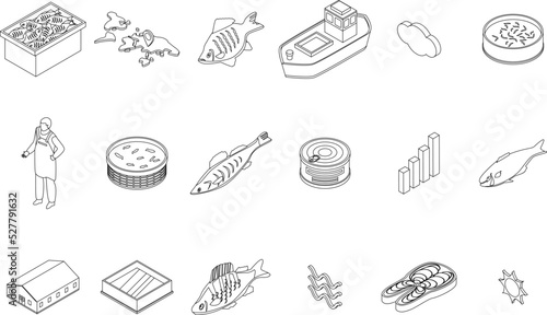 Fish farm icons set. Isometric set of fish farm vector icons outline thin lne isolated on white photo