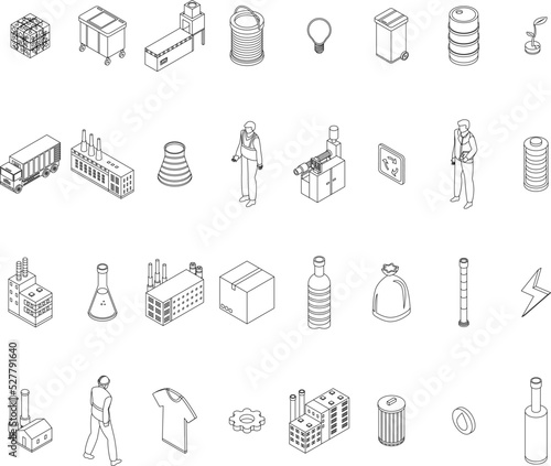 Recycle factory icons set. Isometric set of recycle factory vector icons outline thin lne isolated on white