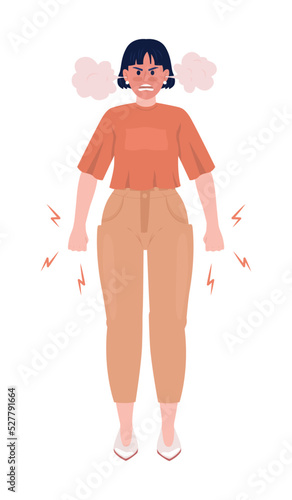 Furious woman with steam out of ears semi flat color vector character. Editable figure. Full body person on white. Strong emotion simple cartoon style illustration for web graphic design and animation