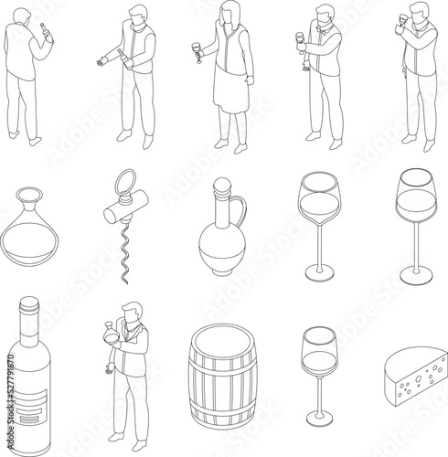 Sommelier icons set. Isometric set of sommelier vector icons outline thin lne isolated on white