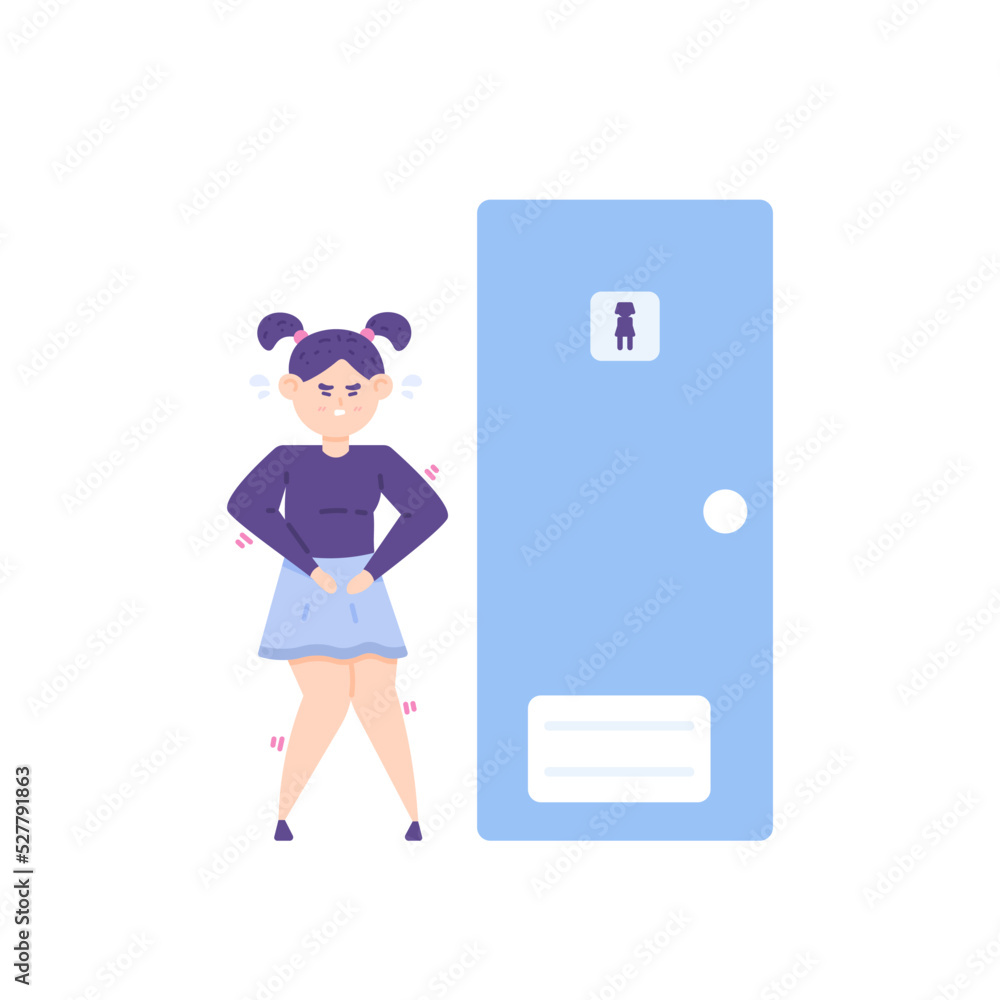 a woman queued at the toilet door. facial expressions of people who can