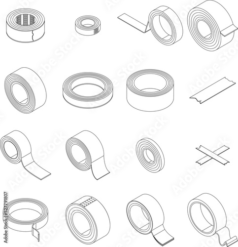 Scotch tape icons set. Isometric set of scotch tape vector icons outline thin lne isolated on white