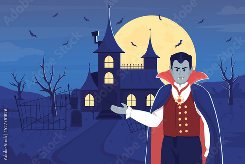 Evil vampire inviting to his house flat color vector illustration. Spooky mansion. Halloween night. Full moon. Fully editable 2D simple cartoon character with haunted mansion on background
