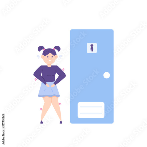 a woman queued at the toilet door. facial expressions of people who can no longer hold back to pee. holding back defecation and urination. flat cartoon illustration. vector character design