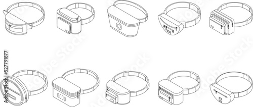 Waist bag icons set. Isometric set of waist bag vector icons outline thin lne isolated on white