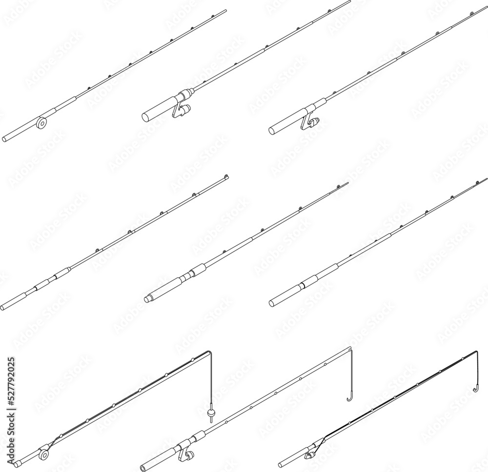 Fishing rod icons set. Isometric set of fishing rod vector icons outline thin lne isolated on white Fishing rod icons set. Isometric set of fishing rod vector icons outline thin lne isolated on white