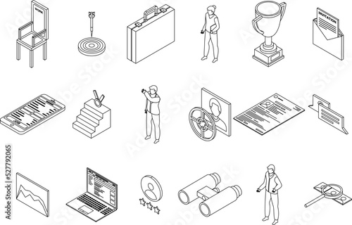 Headhunter icons set. Isometric set of headhunter vector icons outline thin lne isolated on white