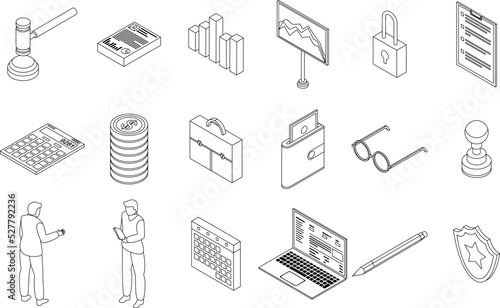 Audit icons set. Isometric set of audit vector icons outline thin lne isolated on white