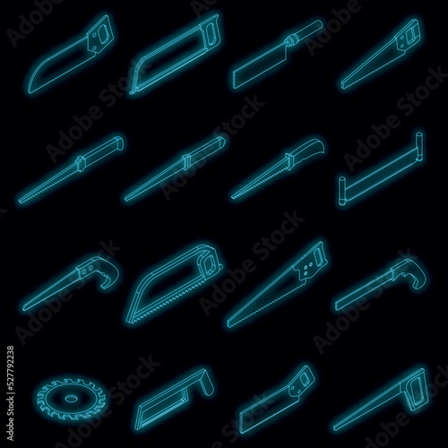 Saw icons set. Isometric set of saw vector icons neon color on black