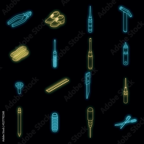 Shoe repair icons set. Isometric set of shoe repair vector icons neon color on black