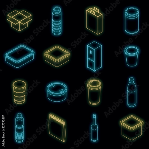 Food storage icons set. Isometric set of food storage vector icons neon color on black