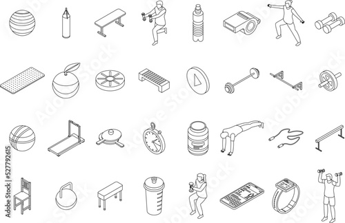 Home training icons set. Isometric set of home training vector icons outline thin lne isolated on white