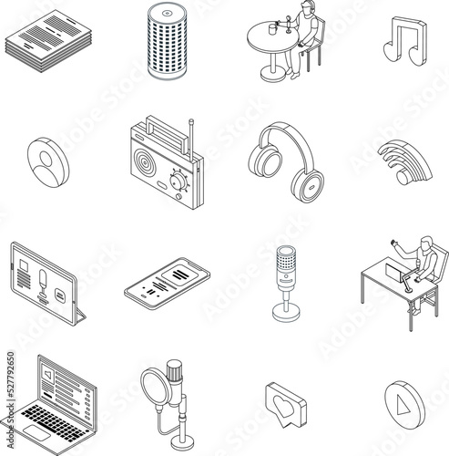 Podcast icons set. Isometric set of podcast vector icons outline thin lne isolated on white