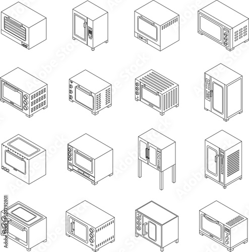 Convection oven icons set. Isometric set of convection oven vector icons outline thin lne isolated on white