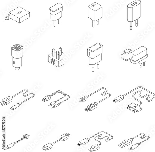 Charger icons set. Isometric set of charger vector icons outline thin lne isolated on white