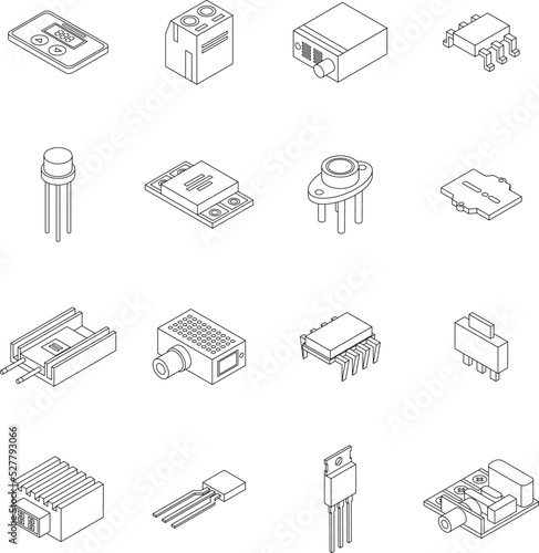 Voltage regulator icons set. Isometric set of voltage regulator vector icons outline thin lne isolated on white