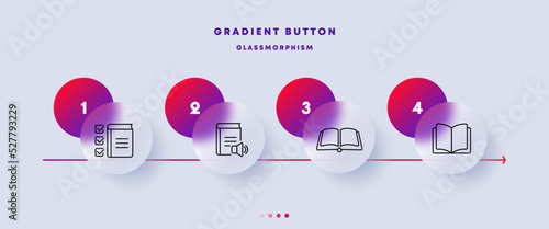 Audio book set icon. Listen, volume, note, check box, mark, tick, pick, website, online, internet. Technology concept. Glassmorphism style. Vector line icon for Business and Advertising