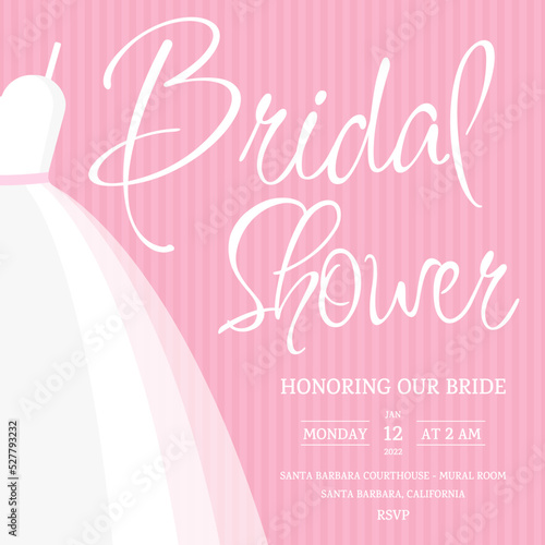 Wedding dress. White dress on a pink background. Bridal Shower. Bachelorette party invitation. 