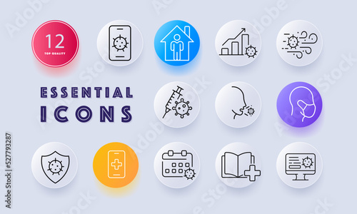 Infection test set icon. Laboratory research, take analysis, virus, incubation period, flask, medical, coronavirus, money, prescription. Health care concept. Neomorphism. Vector line icon for Business
