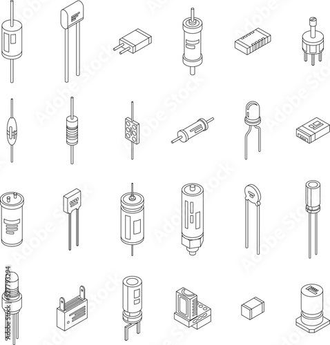 Capacitor icons set. Isometric set of capacitor vector icons outline thin lne isolated on white photo