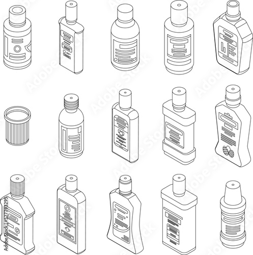 Mouthwash icons set. Isometric set of mouthwash vector icons outline thin lne isolated on white
