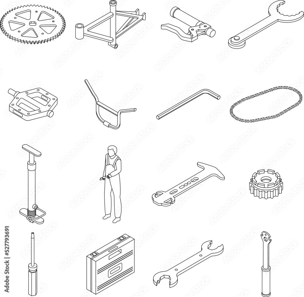 Bicycle repair icons set. Isometric set of bicycle repair vector icons outline thin lne isolated on white