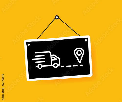 Vector illustration of signboard on door with truck and pointer. Parcel delivery, online store, order, purchase, fast free delivery. Vector line icon for Business and Advertising