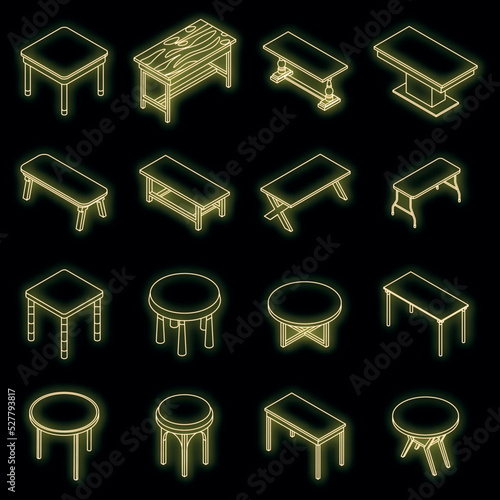 Table icons set. Isometric set of table vector icons neon color on black