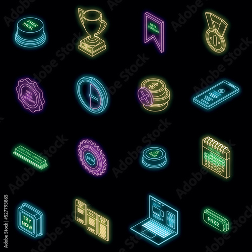 Free trial version icons set. Isometric set of free trial version vector icons neon color on black