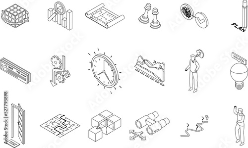 Problem solving icons set. Isometric set of problem solving vector icons outline thin lne isolated on white